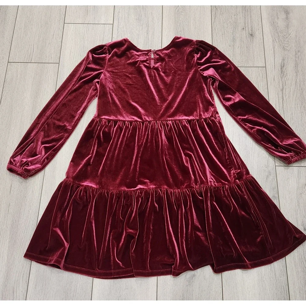 Gap Kids Girls XL 12-13 Burgundy Velvet Tiered Long Sleeve Holiday‎ Dress